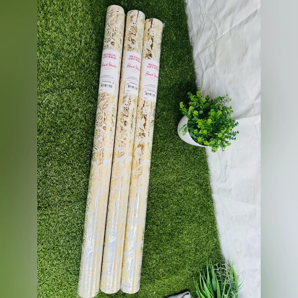 PUNCH STUDIO Christmas Gift Wrap Paper Roll Lot of 3 New Gold and White 30 X 10